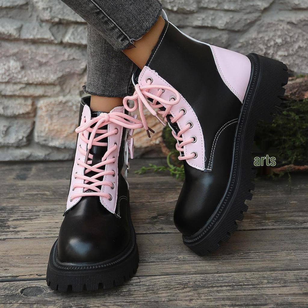 Women's Pink Heart Martin Boots: Korean Style, Thick Sole, British-Inspired, Versatile Lace-up Short Boots