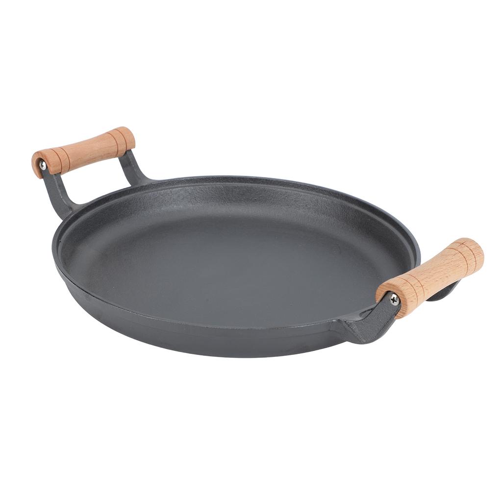 BBQ Grill Pan with Dual Wooden Handles Round Cast Iron Steak Frying Meat Roasting Skillets for