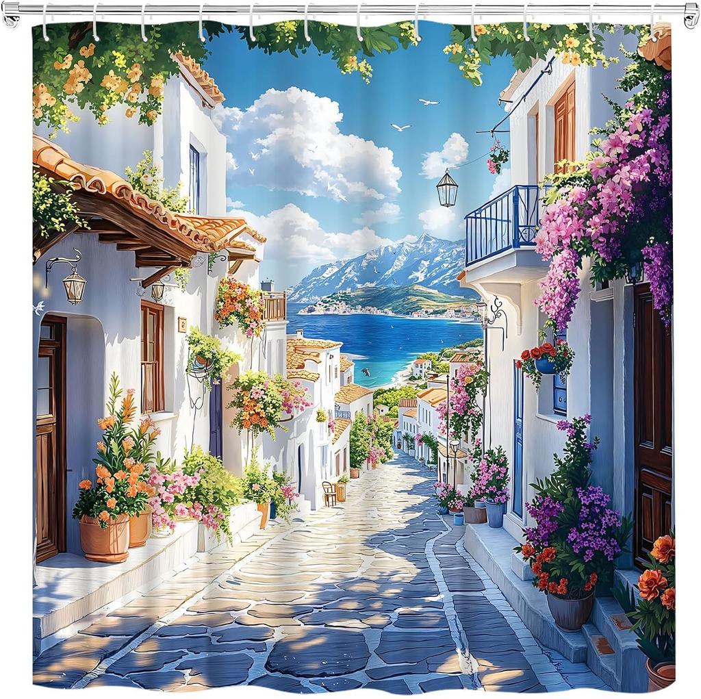Coastal Shower Curtain Greece Natural Landscape Mediterranean White Architecture Italian Rustic European City Town Street Shower