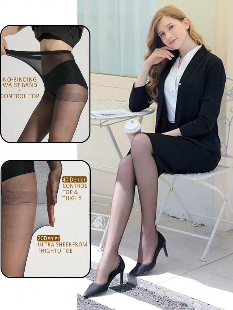 5Pairs Women Basic Solid Black Transparent Tights High Waist Silky Pantyhose Summer Daily Stockings