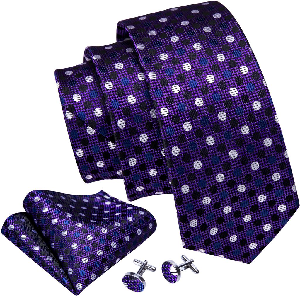 Barry.Wang Necktie Hankerchief Cufflinks Set Purple Blue Black Dots Jacquard Woven Wedding