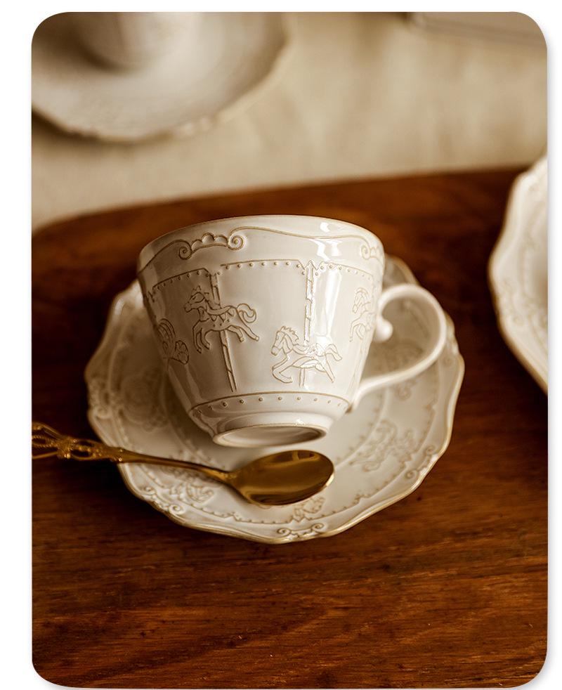 French Retro Embossed Ceramic Coffee Cup & Saucer Set for Afternoon Tea or Latte Art