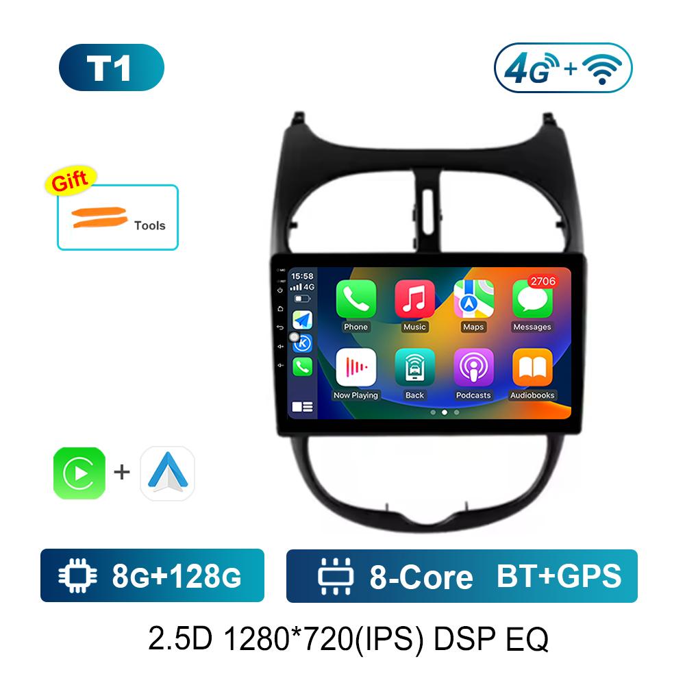9 Inch Navigation GPS 4G Carplay for Peugeot 206 2001 - 2016 Android OS Car Video Multimedia Player BT QLED Touch Screen WiFi