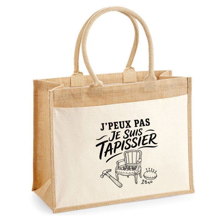 Sac cabas - PLANETEE - J’peux pas je suis Tapissier - Toile de jute et coton - 43×33×21 cm (21 L) - Anses coton porté épaule
