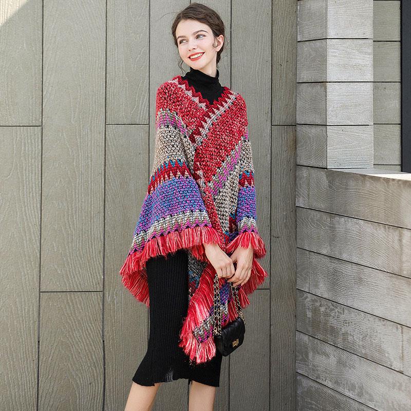 Vitange  Ethnic Pullover Sweater Coat Women Autumn Color Block Striped Loose Knit Sweater Fringed Hem Shawl Top