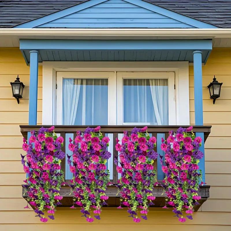 2 ks Umělých závěsných popínavých rostlin Ranní sláva odolných proti UV záření – Živé fialové, růžové a zelené umělé květiny pro venkovní zahradní dekoraci, svatby, kancelář