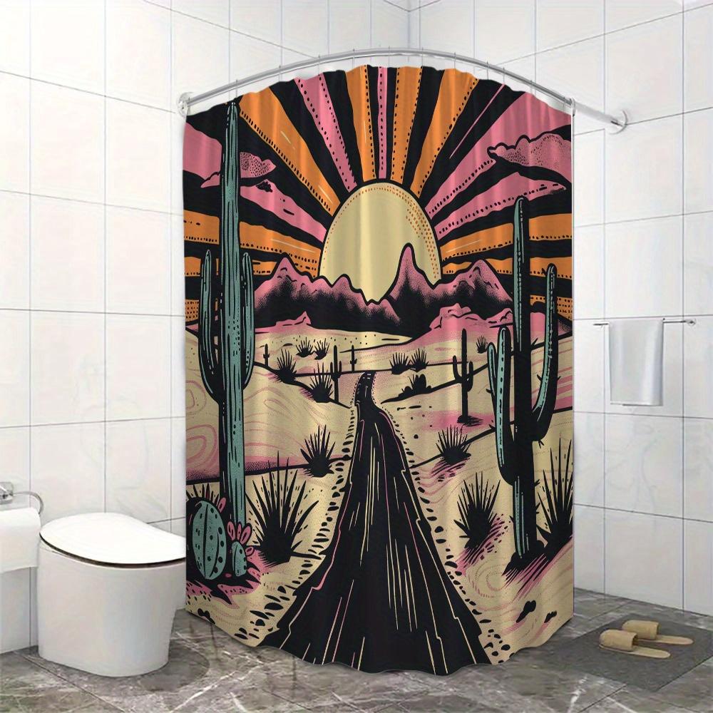 [Retro Shower Curtain] 1Pc Retro Desert Sunset Shower Curtain - Polyester Bathroom Decor - Western-Themed Art