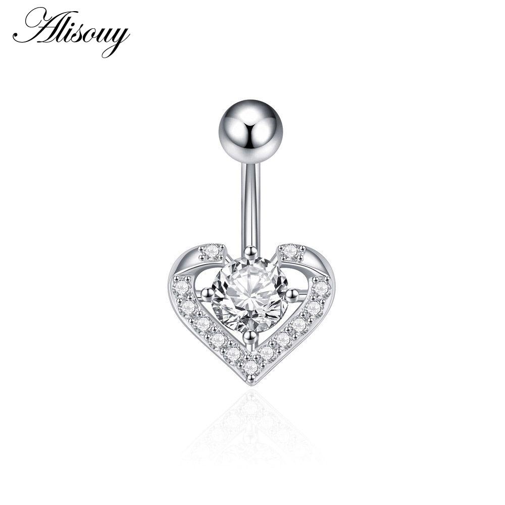 Alisouy 1pc Zircon Sexy Long Belly Ring Star Sun Moon Heart Navel Piercing Surgical Steel Women Belly Button Ring Navel Jewelry