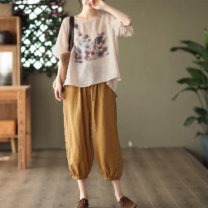Printed design short-sleeved cotton and linen top summer new versatile literary and retro T-shirt women