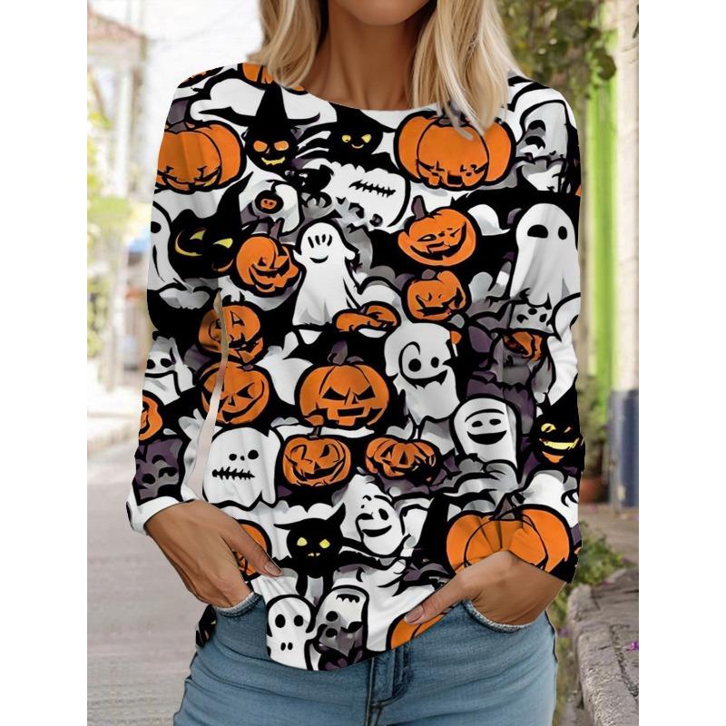Halloween Women's Long Sleeve Cute Pumpkin Head 3D Pattern T Shirt 2024 Autumn Fashion Women's Top Harajuku Pullover Clothing
