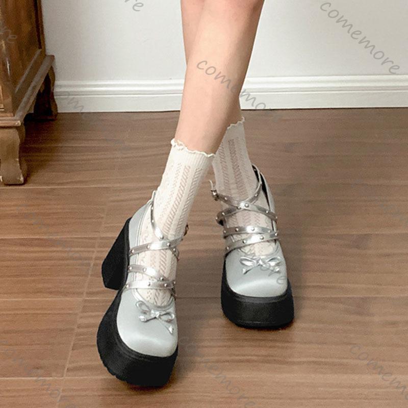 Fashion Comemore Temperament Black Silver Shallow Mouth Thick Heeled Pumps for Women Spring Autumn Platform Mary Jane Heeled Single Shoe