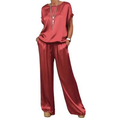 1 Set Women T-shirt Pants Suit Casual Summer Solid Color O-neck Short Sleeve Top Wide Leg Trousers Two Piece Outfits Lounge Set