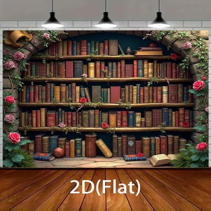 2D Romantic Library Tapestry Vintage Bookshelf with Blooming Roses and Ivy Wall Art