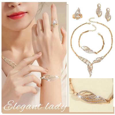 Fashion Diamond Studded Gold Leaf Necklace Earrings Rings Bracelets Four Piece Set Of Accessories