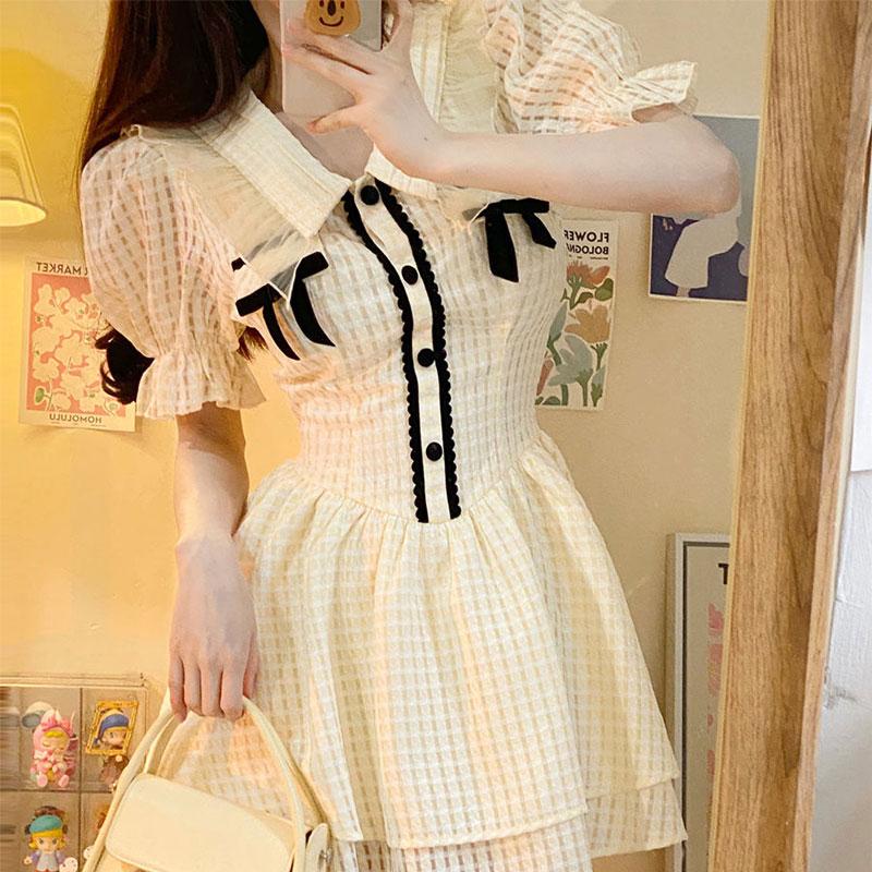 Hotsweet Cupcake Dresses Fashion Lace Spliced Button Women's Sweet Bow Doll Collar Summer Thin A-Line Waist Mini Dress