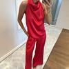 Women 2 Piece Satin Outfits Halter Neck Sleeveless Top And Wide Leg Pants Set Casual Vocation Lounge Set