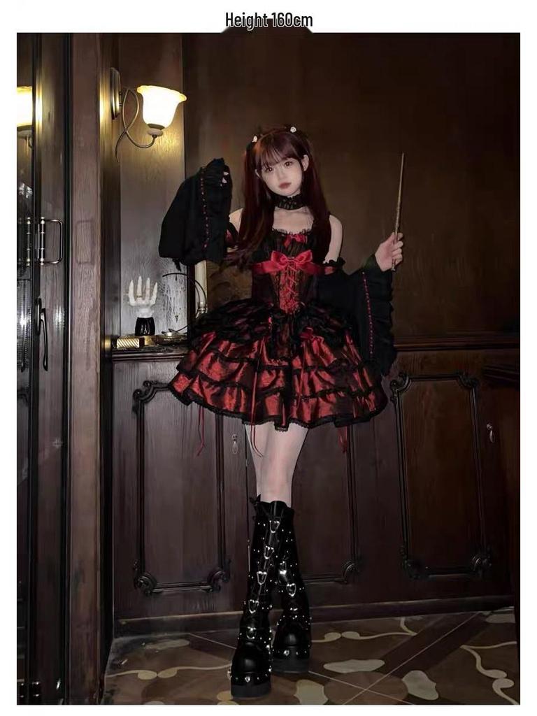 In-Stock Rose Butler Black & Red Strappy Lolita JSK Dress - Cute Two-Dimensional Sweet & Spicy Cosplay Outfit