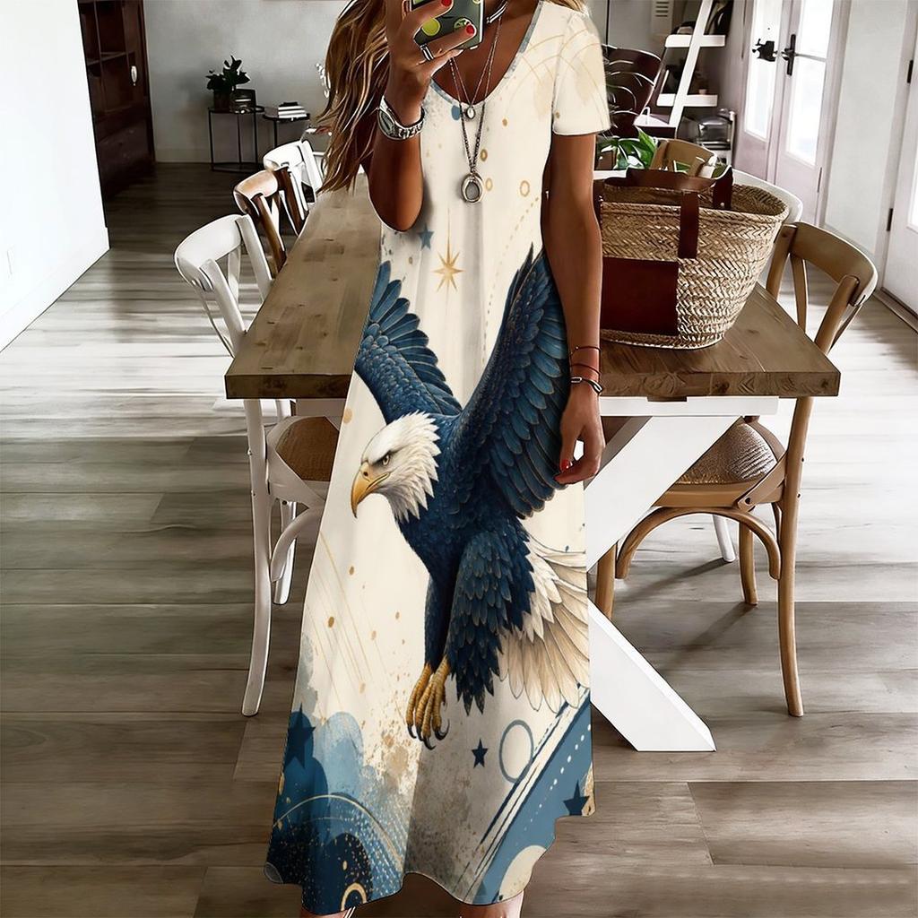 Women Plus Size V Neck Short Sleeve American Eagle Flag Printed Straight Maxi Dress