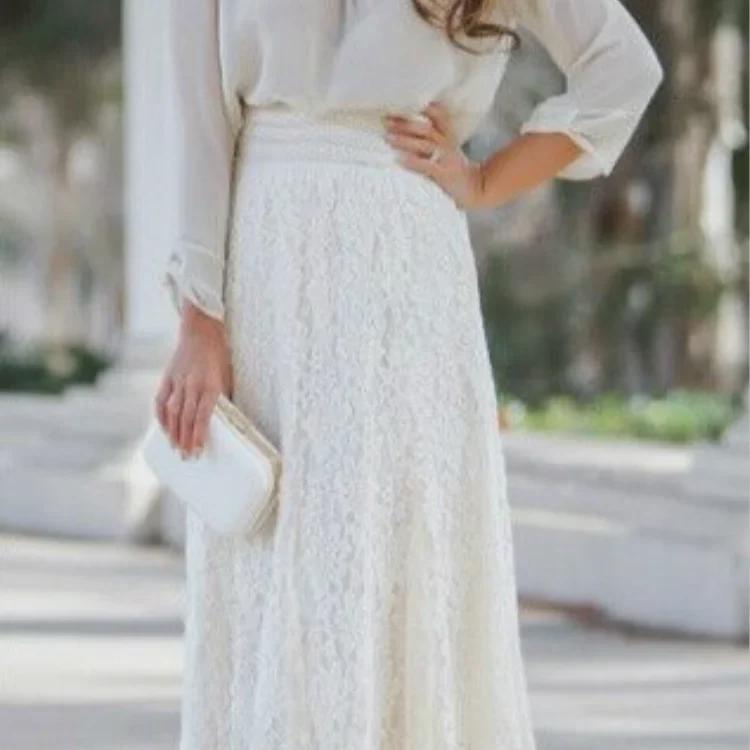 European & American Style Slim Fit High Waist Hollow Lace Mid-Length Swing Skirt