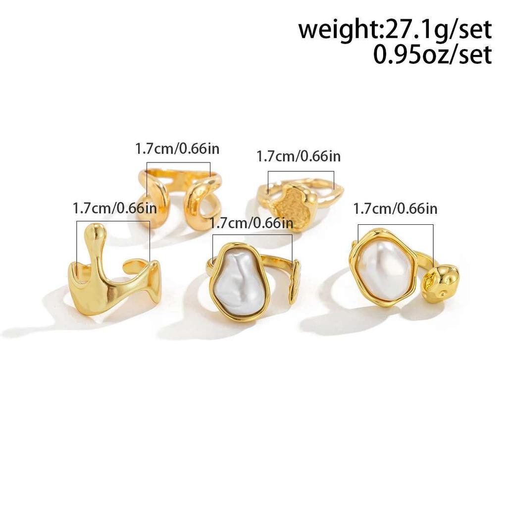 Ingemark 5Pcs/Set Retro Elegant Baroque Imitation Pearl Open Ring Trendy Irregular Geometry Adjustable Ring Set Birthday Jewelry