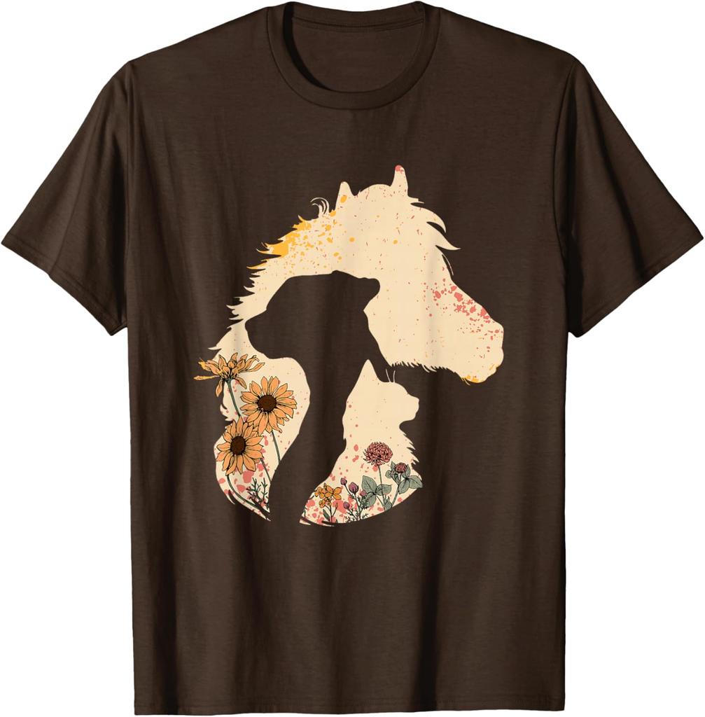 Pferd Hund Katze Silhouette Floral Boho Vintage Grafik T-Shirt Weiches Lässiges Baumwoll-T-Shirt Damen