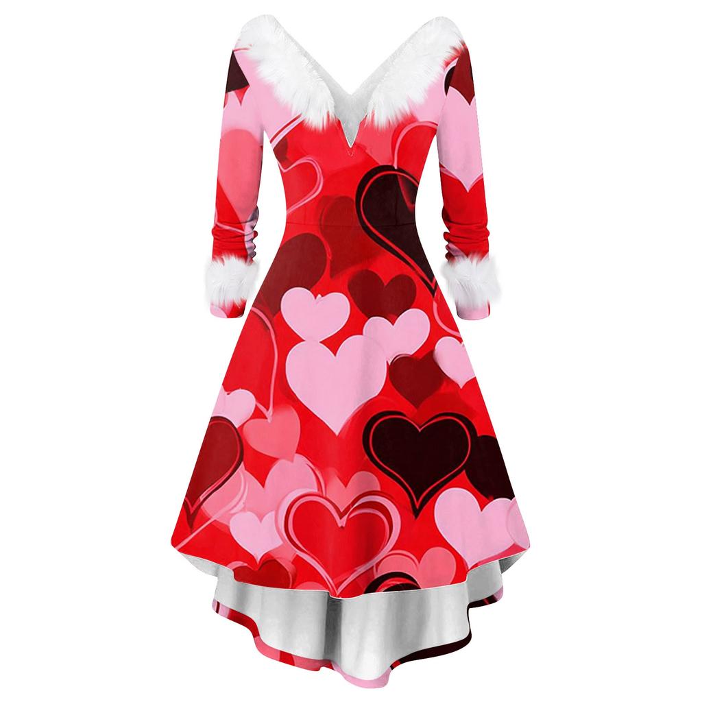 Damen stilvolles und elegantes langärmeliges V-Ausschnitt Kleid mit Valentinstags-Herzprint