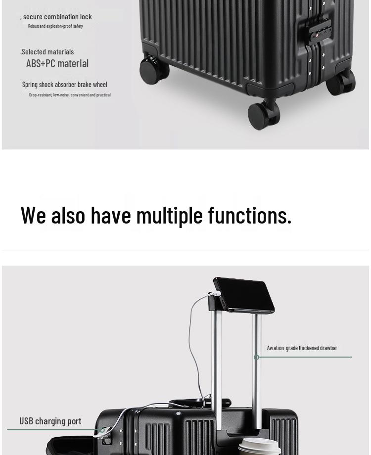 Universal Aluminum Frame Trolley Suitcase with Front Opening and Large Capacity for Women and Men