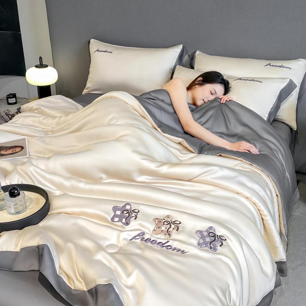 Class A Ice Silk Water Washable Summer Quilt Set - Naked Sleep Embroidery, Thin Blanket, Air Conditioning Quilt, Four-Piece Gift.