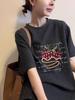 Retro Korean-Style Women's Cartoon Print Short Sleeve T-shirt, 2026 Spring/Summer Round Neck Half Sleeve Trendy Top