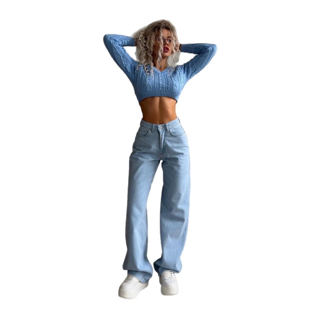 European and American cross-border women's clothing slim-fitting sexy short open-button sweater for women's early autumn new solid-color twist twisted