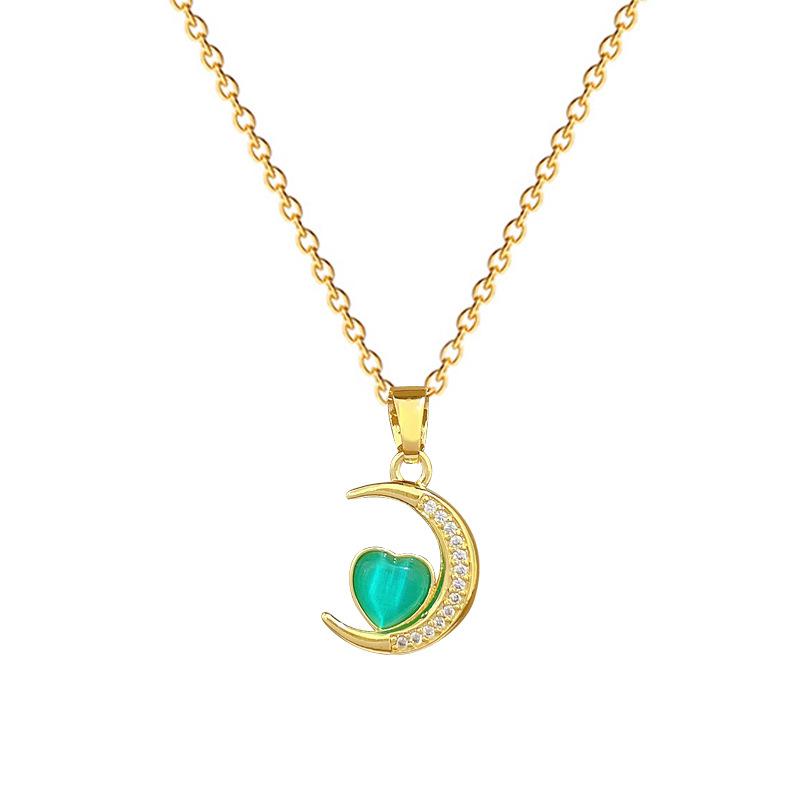 Titanium Steel Moon Green Peach Heart Light Luxury Temperament Gorgeous Full Diamond Necklace Female Versatile Collarbone Chain Titanium Steel Chain