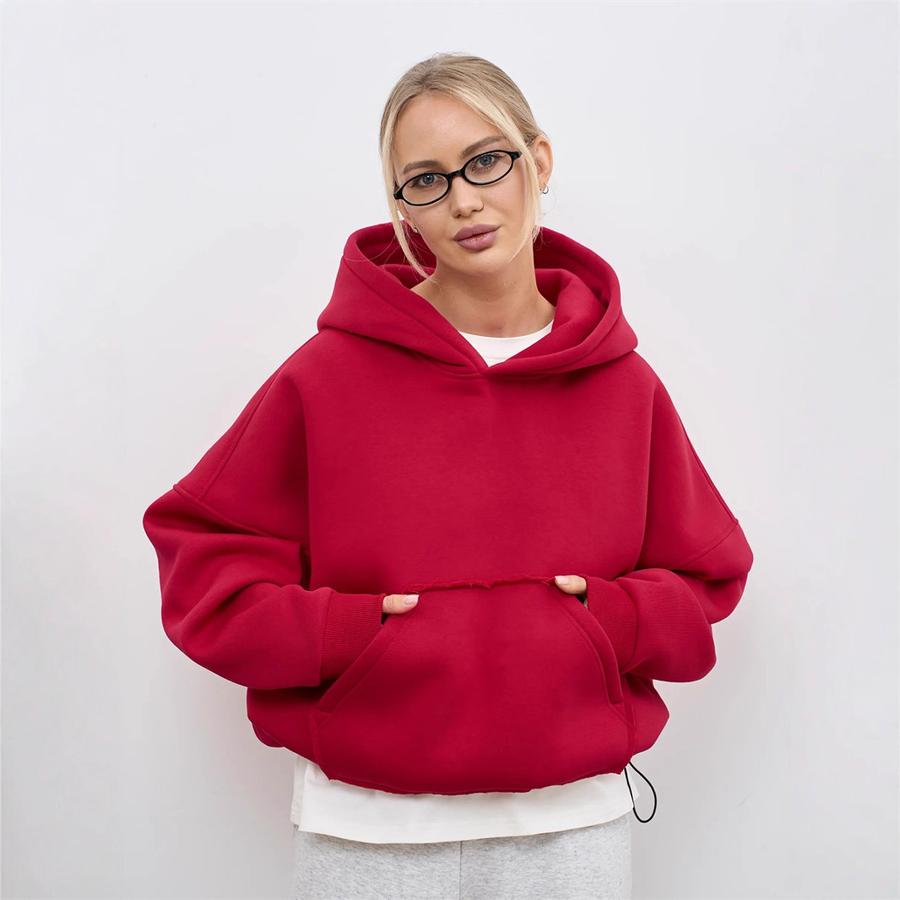Felpa da donna casual a tinta unita con cappuccio, vestibilità aderente, manica lunga, manica corta, pullover, felpa con cappuccio e tasca