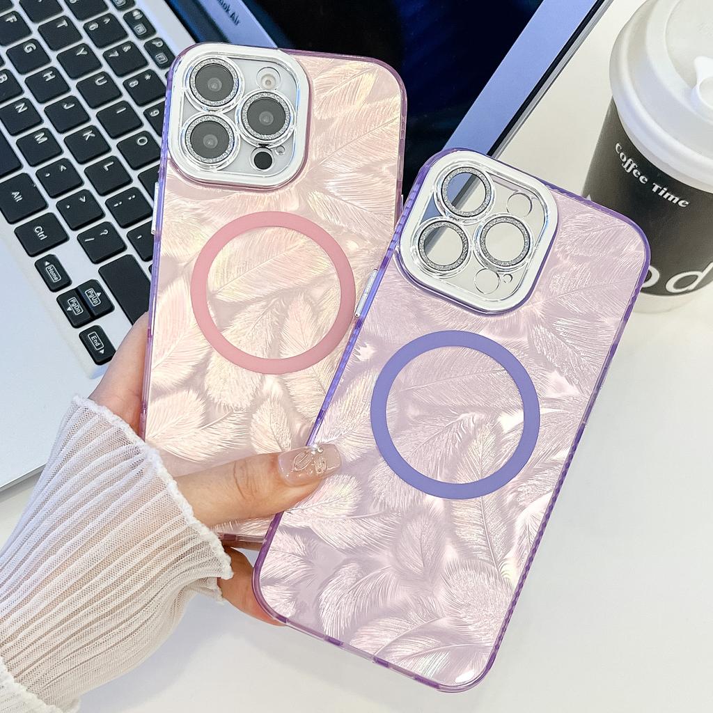 Feather Pattern Suitable for IPhone16promax Magnetic Phone Case Apple 15 with Electroplated Flash Powder Lens Film