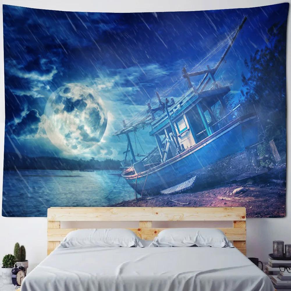 HD-Dreamy Sea & Pirate Ship Wallpaper - Oil Painting Style Wall Art for Bohemian Home Decor, Ocean Themed Room or Bed Cover