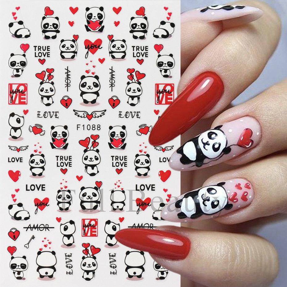 Autocollants pour Nail Art Saint-Valentin Romantique CŒUR Lignes Ours d'Amour Panda Dessin Animé Autocollants pour Ongles