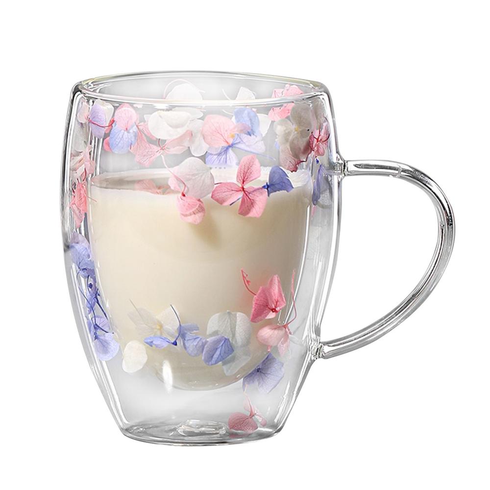 Tørket blomst dobbeltlags kaffekopp Glass Dobbeltvegg Kaffekrus Tørkede blomster Glasskopp Tekopp Melkekopp Krus Drikkeglass