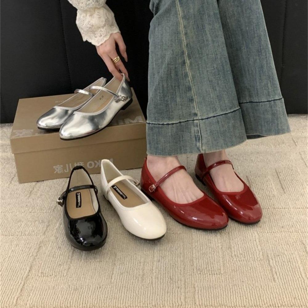 Fashion Spring New Round Toe Women Mary Jane Flats Shoes Shallow Ladies Casual Ballet Shoes Soft Sole Eelgant Leather Shoes