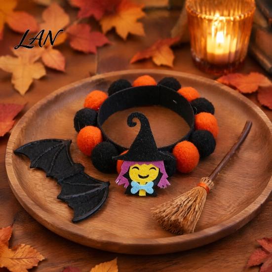 Photogenic Pet Collar Design Halloween Pom-pom Cat Collar, Adjustable Cute Pumpkin Bat Witch Dog Orange And Black Pom-poms for Cats Dogs