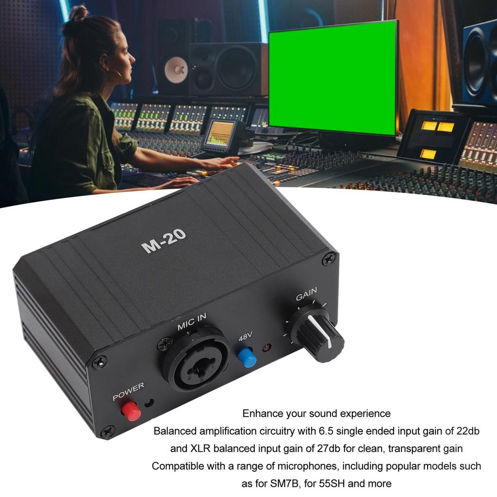 High-Gain Microphone Preamp with 48V Phantom Power, 27dB XLR Output, and 6.5mm Single-Ended Input with 22dB Gain, for Dynamic and Condenser