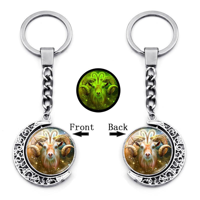 Luminous Twelve Constellations Time Gemstone Keychain Pendant Rotating Moon Pendant Metal Keychain Hanging Gift