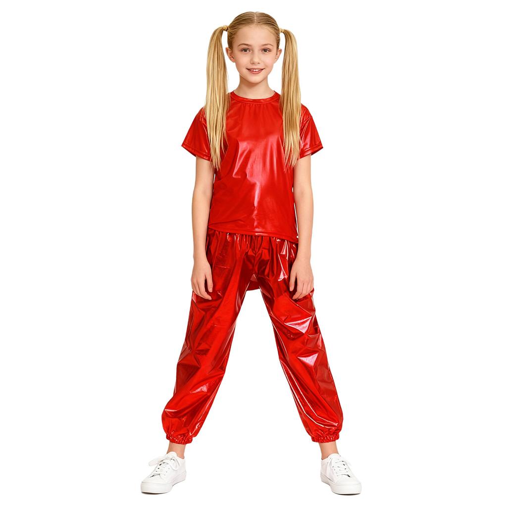 Children‘s Unisex Metallic Glitter Performance Set Short Sleeve Crew Neck Top with Bottoms for Dance Party Costume Dress Up