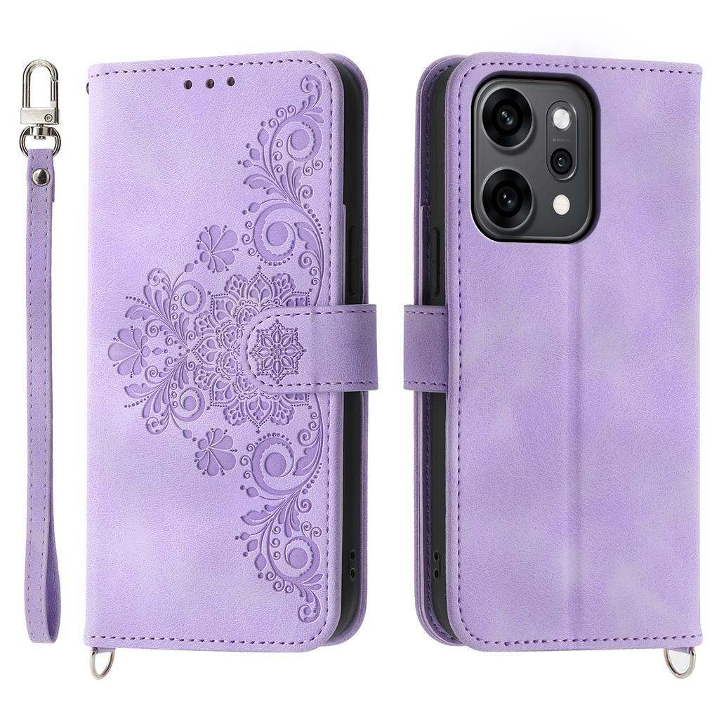 For Oppo Reno14 Pro 5G (Global) Case Flower Pattern PU Leather Wallet Phone Cover with Strap