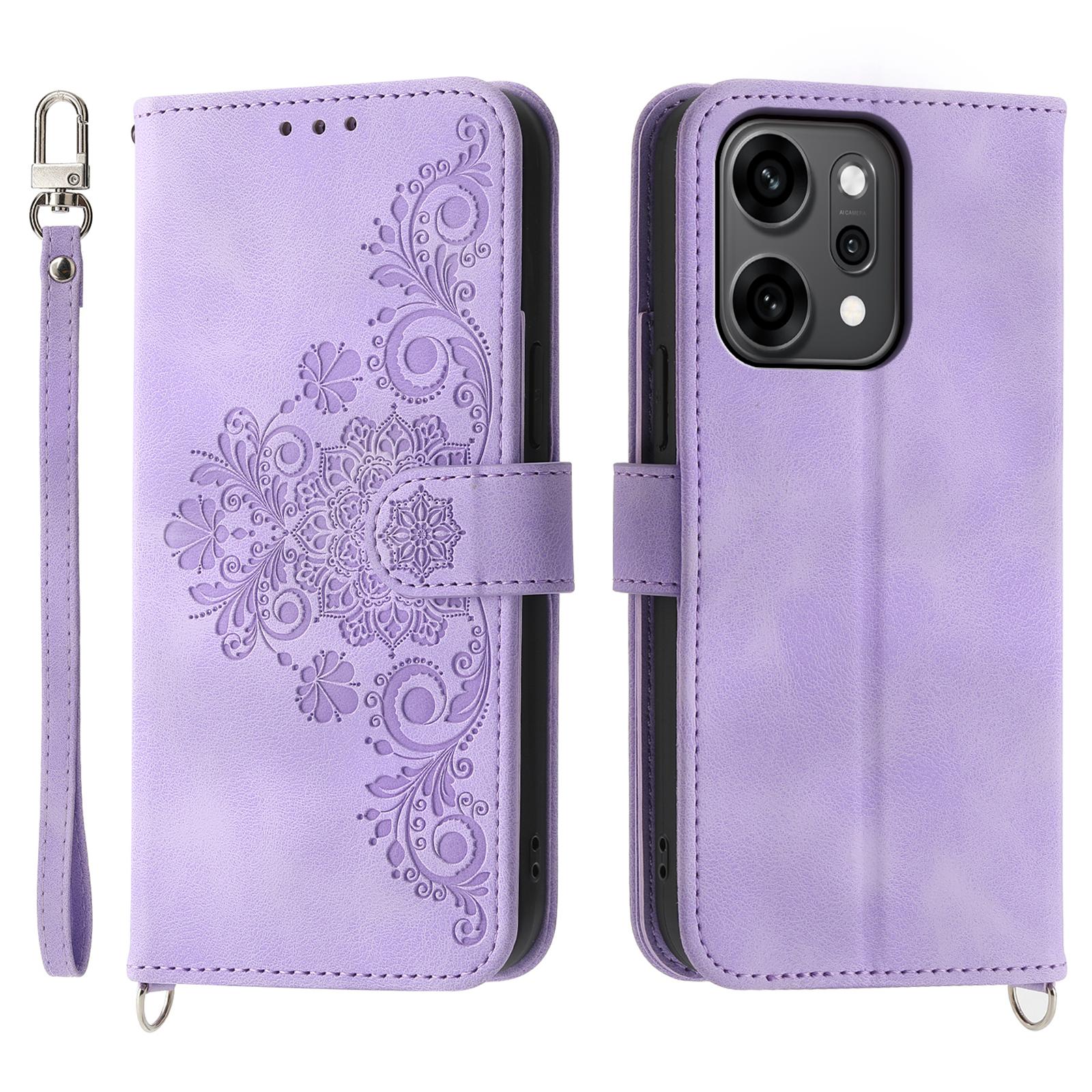 

For Oppo Reno14 Pro 5G (Global) Case Flower Pattern PU Leather Wallet Phone Cover with Strap Light Purple