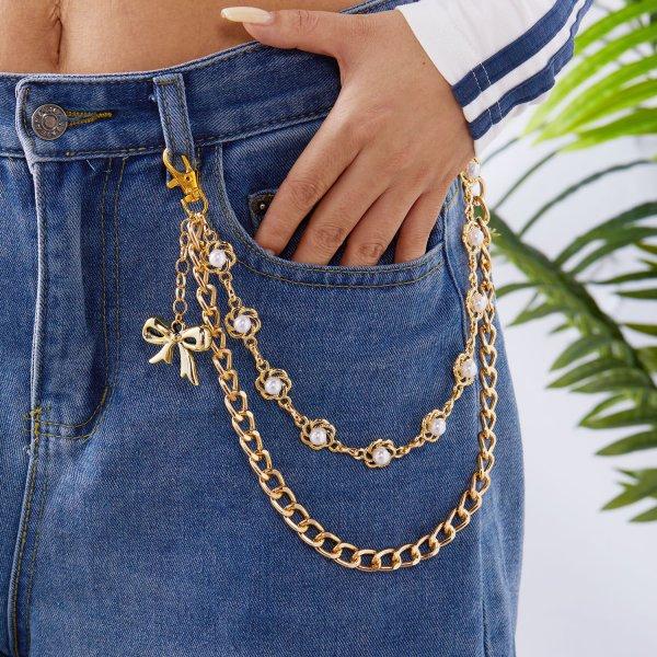 Exquisite Imitation Pearl Flower Bowknot Pendant Keychain Belt Chain Men Women Punk Trousers Jeans Chain Party Hip Hop Jewelry