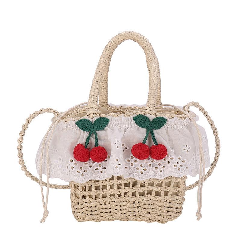Fun And Whimsical Girls Woven Straw Shoulder Bag Featuring Cute Cherry Motif кремовый