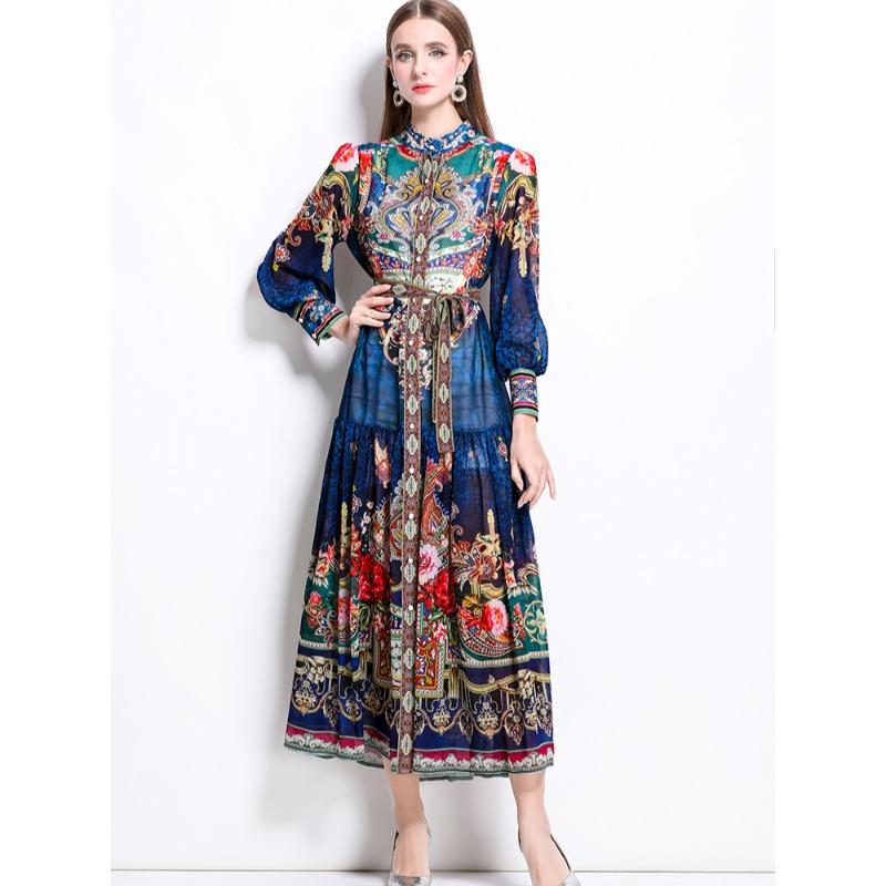 Spring Summer Women Stand Collar Lantern Sleeve Vintage Print Chiffon Loose Long Maxi Holiday Beach Dresses