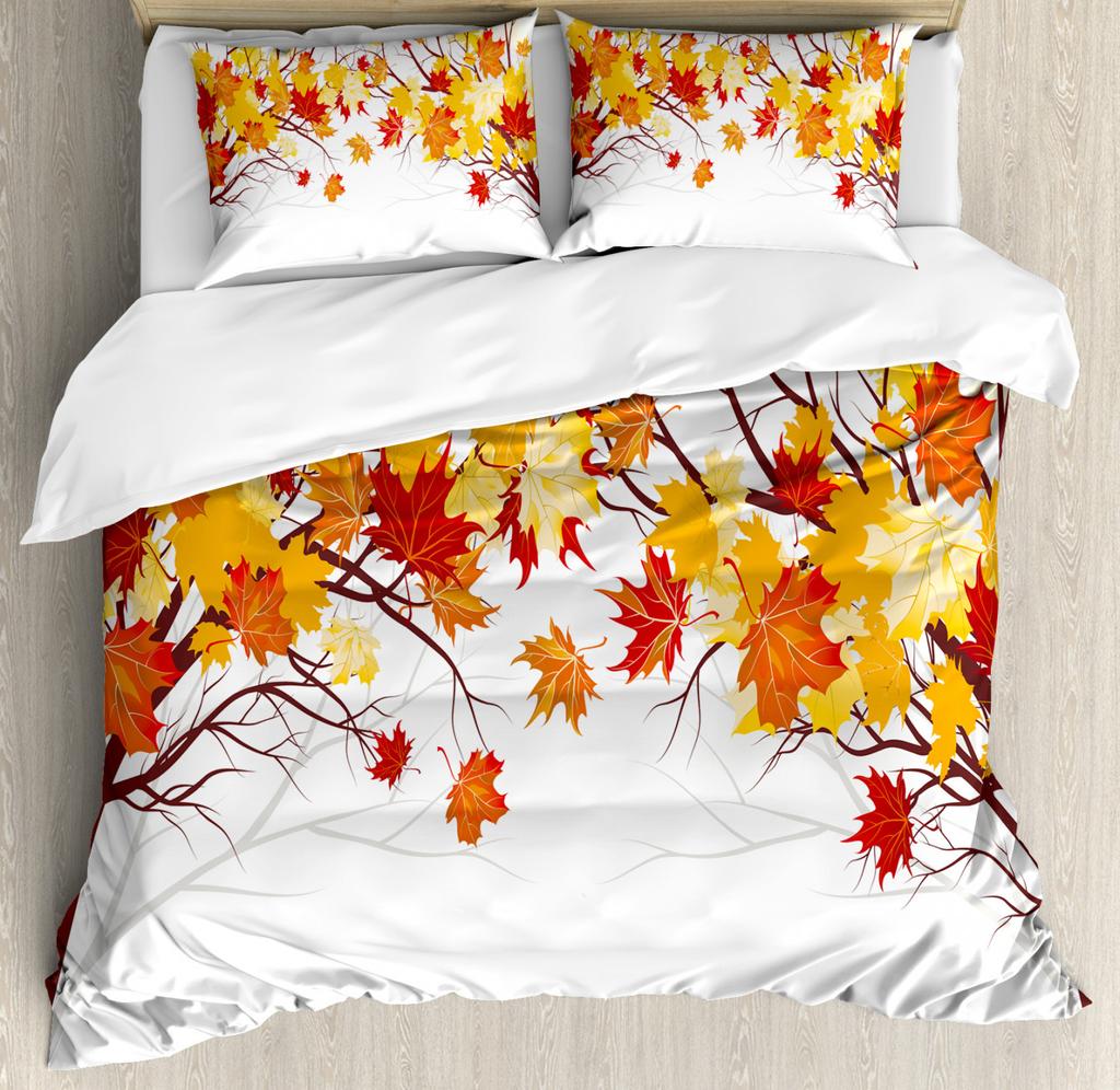 Leaves Duvet Cover Set Fall Season Canadian Maple Leaf Natural Plant Gold King Queen Size for Kid Boy Girl Polyester Bedding Set