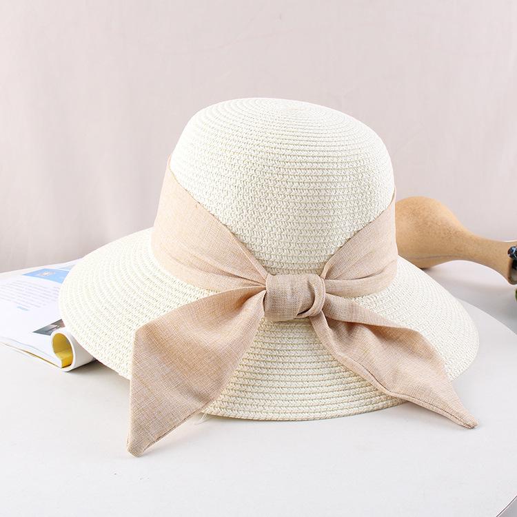 Small fresh sunshade basin hat simple strap bow straw hat women's summer travel big eaves cool hat beach hat