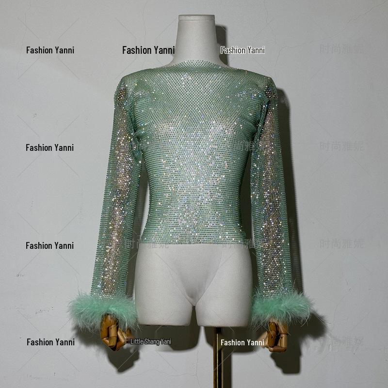 Yanni Fashion Blue Feather & Rhinestone Dress with Long-Sleeve Top and Skirt