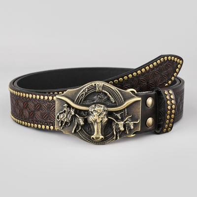 Western Denim Belt Cow Head Harness Trend Retro Youth Punk Embossed Men'S Rivet Leather Belt
